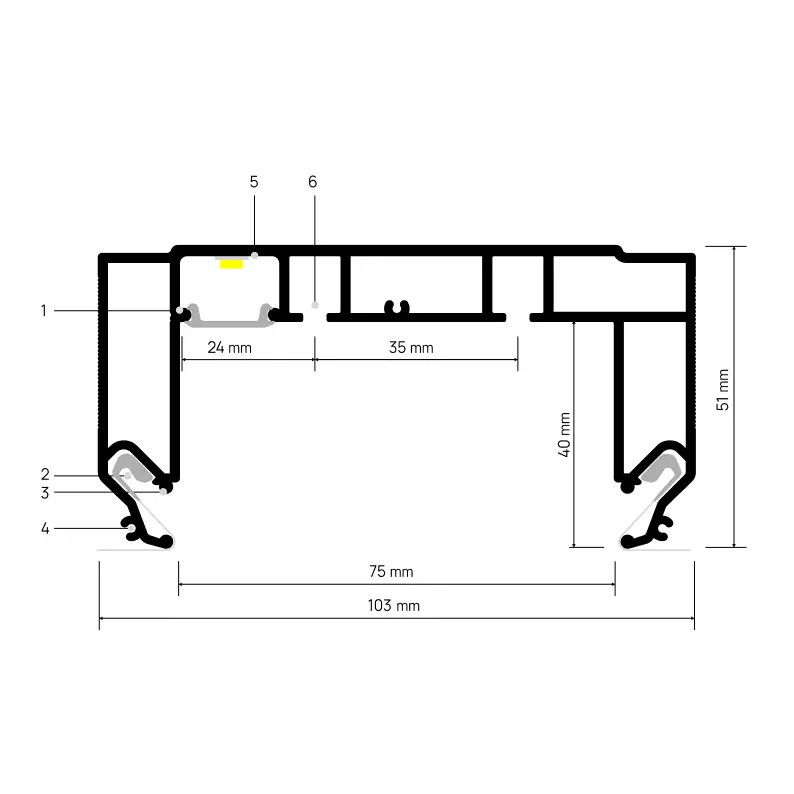 Profiel CURTINA X405, doorsnede met maatvoering